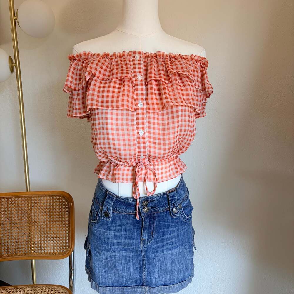 LC Lauren Conrad Gingham Off-Shoulder Ruffle Crop Top Size S